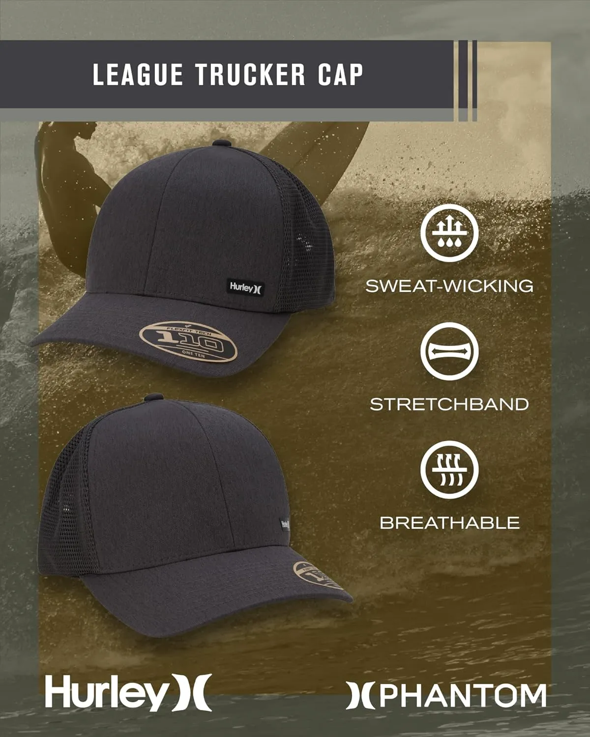 Hurley Men's Caps - H2O-Dri League Baseball Caps for Men with Snapback Closure - Classic Mens Trucker Hats (S-XL)