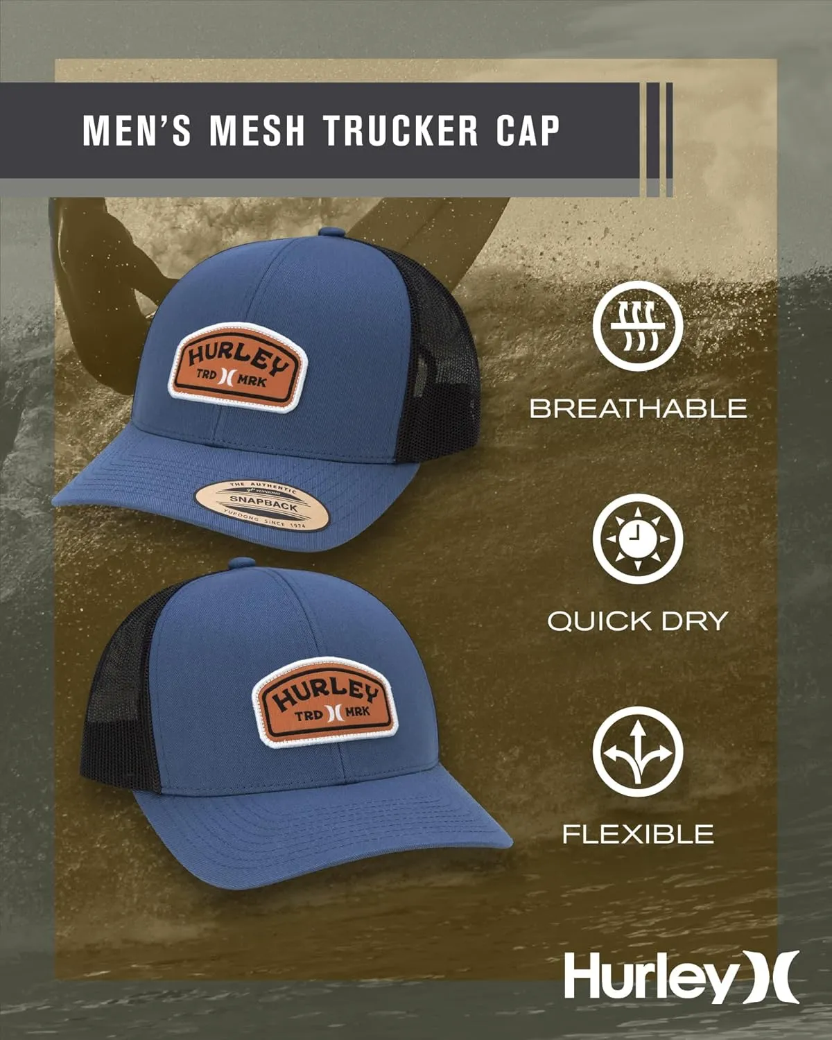 Hurley Men's Trucker Hat - Curved Bill Regular Fit Left Coast Baseball Cap for Men - Snap Back Mesh Panel Ball Cap