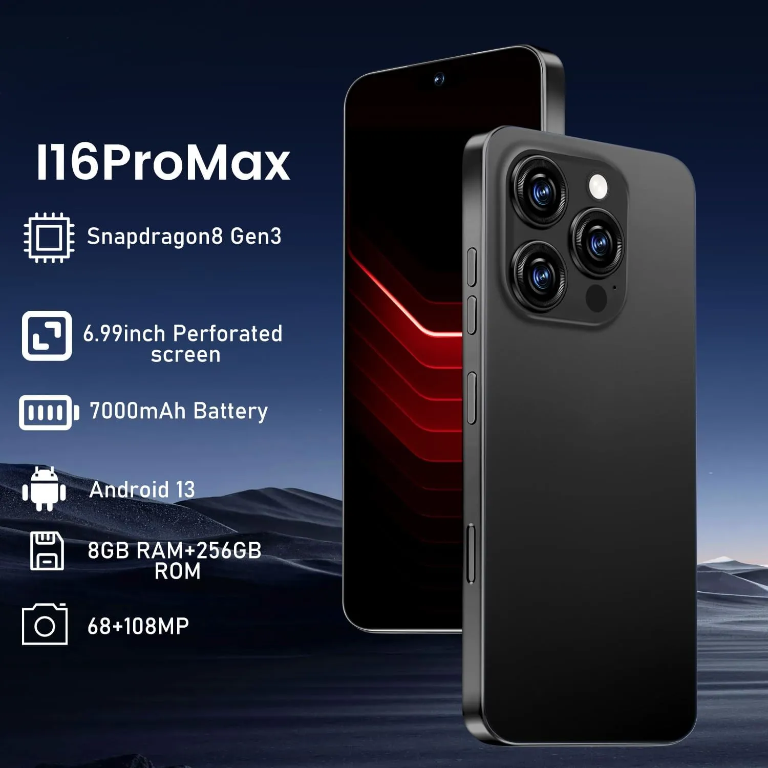 I16 PROMAX 5G Cell Phone,Smartphone Unlocked Cell Phone 8GB 256GB/6.99" Display/68MP 108MP Camera/7000 mAh Battery Super Endurance, Dual SIM Card/Face Unlock/GPS (Black)