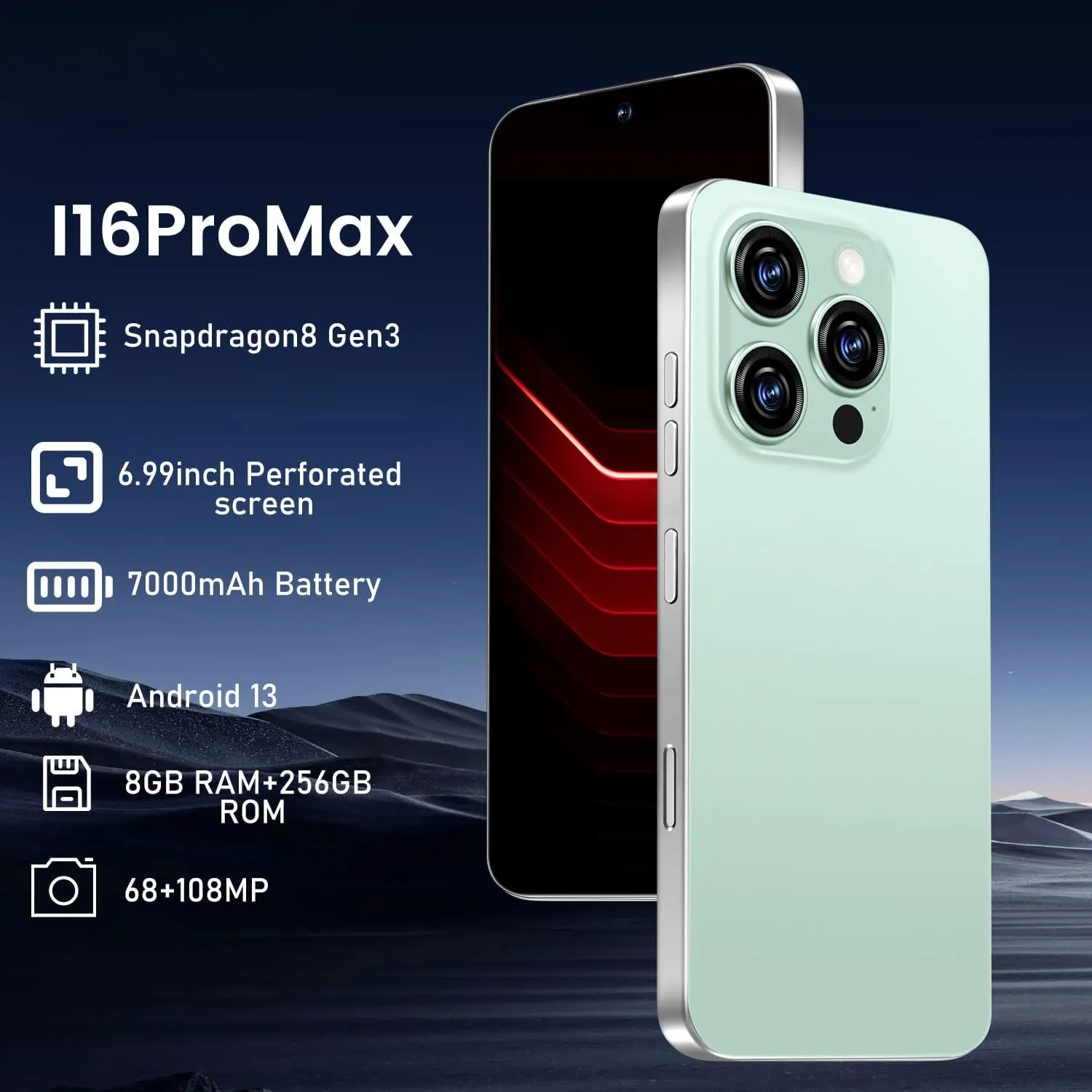 I16 PROMAX 5G Cell Phone,Smartphone Unlocked Cell Phone 8GB 256GB/6.99" Display/68MP 108MP Camera/7000 mAh Battery Super Endurance, Dual SIM Card/Face Unlock/GPS (Green)