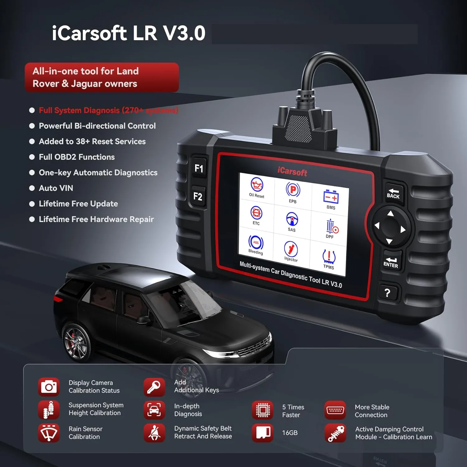 iCarsoft LR V3.0 2025 Ver Bidirectional OBD2 Scanner for Land Rover/Jaguar, Full Systems in-Depth Diagnostic Scan Tool, 42 Resets/118 Graphic Data, ABS SRS Engine Transmission Code Reader