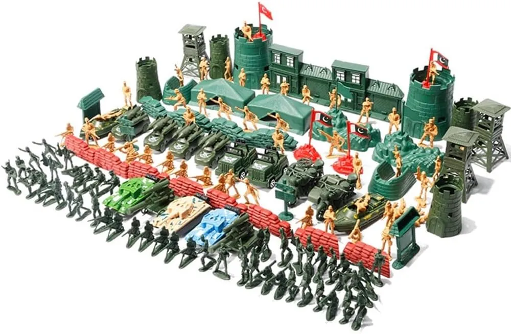 ikasus Military Toys Set for Boys, Army Men Military Soldier Playset Plastic Army Men Toy Soldiers Military Figures and Accessories with Vehicles, Aircraft, Boats, Tree, Wall, Helicopters, 150Pcs