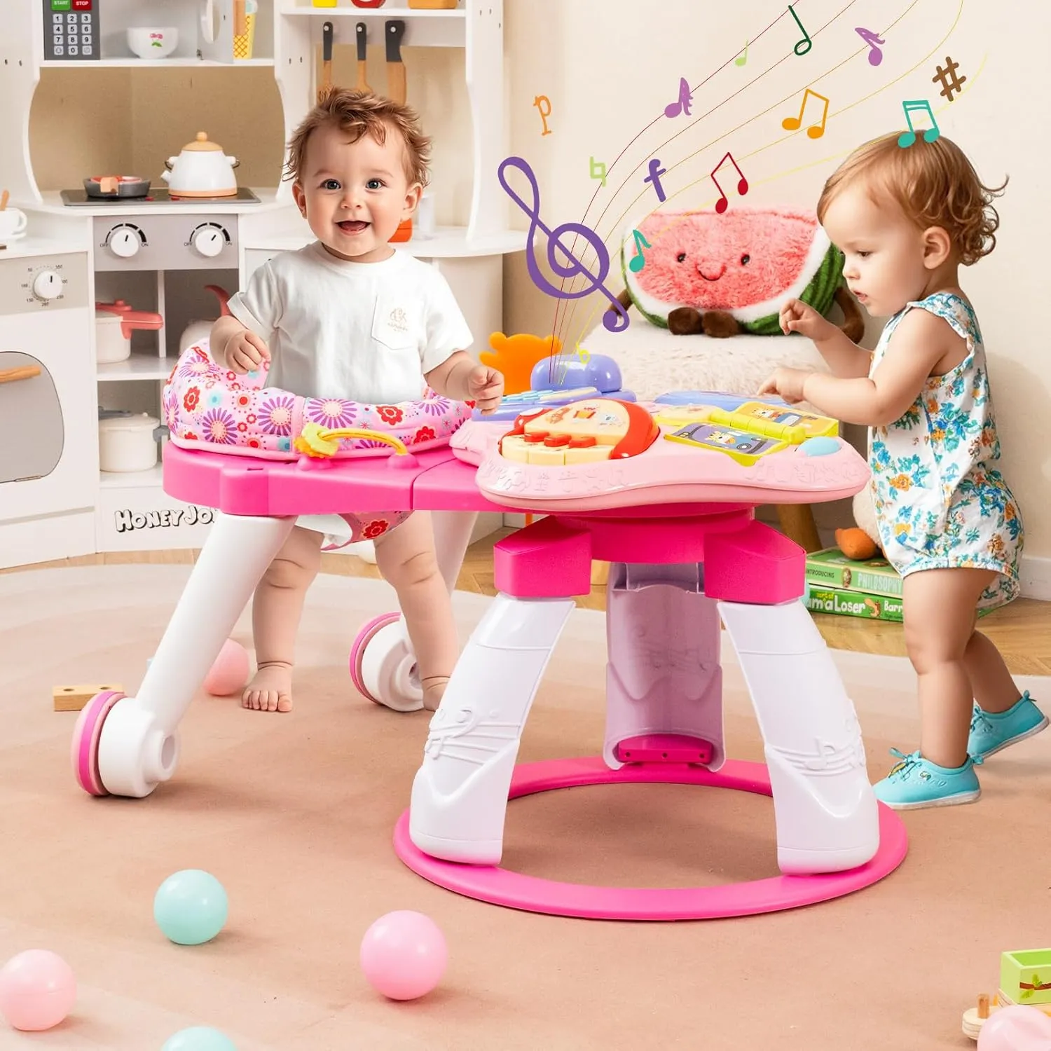 INFANS 3 in 1 Walk Around Baby Activity Center, Baby Walker with Play Table, Wheels, Detachable Seat Cushion, 3 Adjustable Heights, Learning Toys for Boys Girls Aged 6-36 Months (Pink)