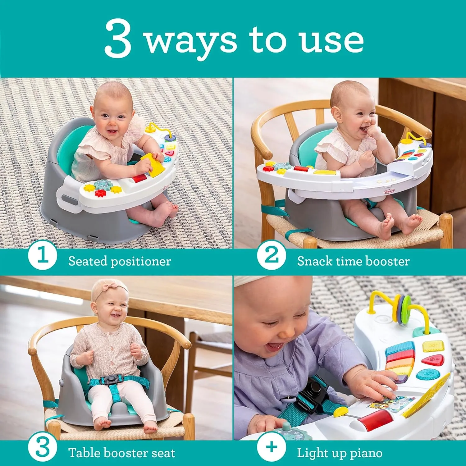 Infantino Music & Lights 3-In-1 Discovery Seat and Booster - Convertible, Infant Activity and Feeding Seat with Electronic Piano for Sensory Exploration, for Babies and Toddlers, Teal