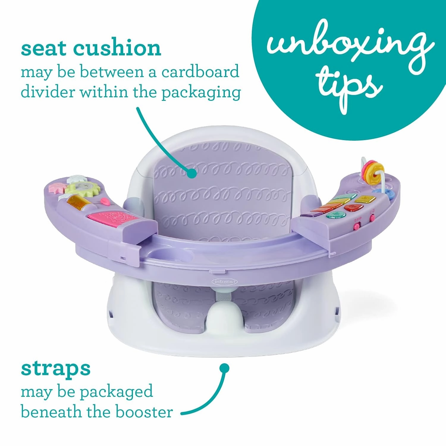 Infantino Music & Lights 3-in-1 Discovery Seat and Booster with Piano - Convertible Infant Activity, Feeding Seat and Table Booster, Lavender and Teal