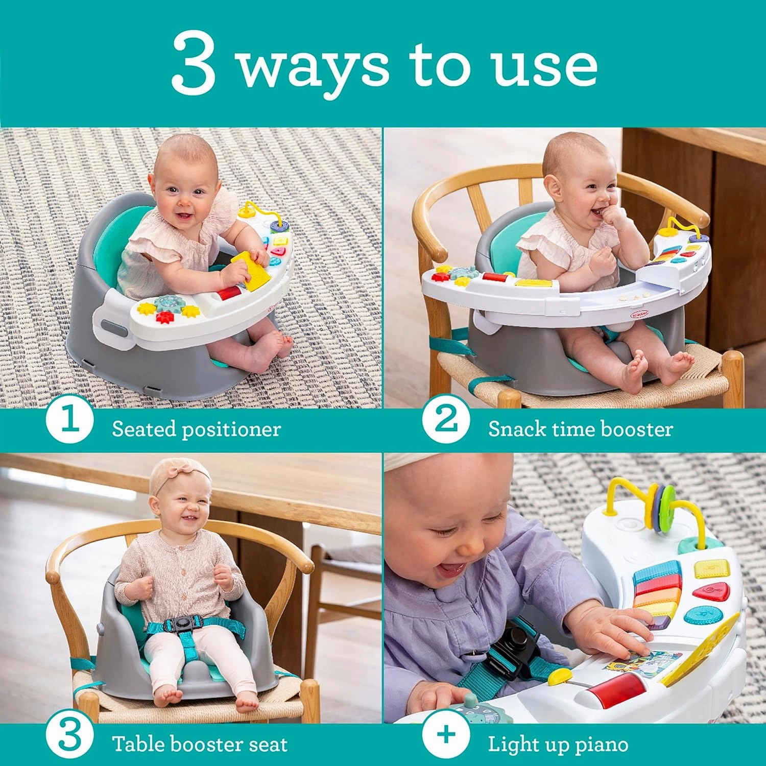 Infantino Music & Lights 3-in-1 Discovery Seat and Booster with Piano - Convertible Infant Activity, Feeding Seat and Table Booster, Lavender and Teal