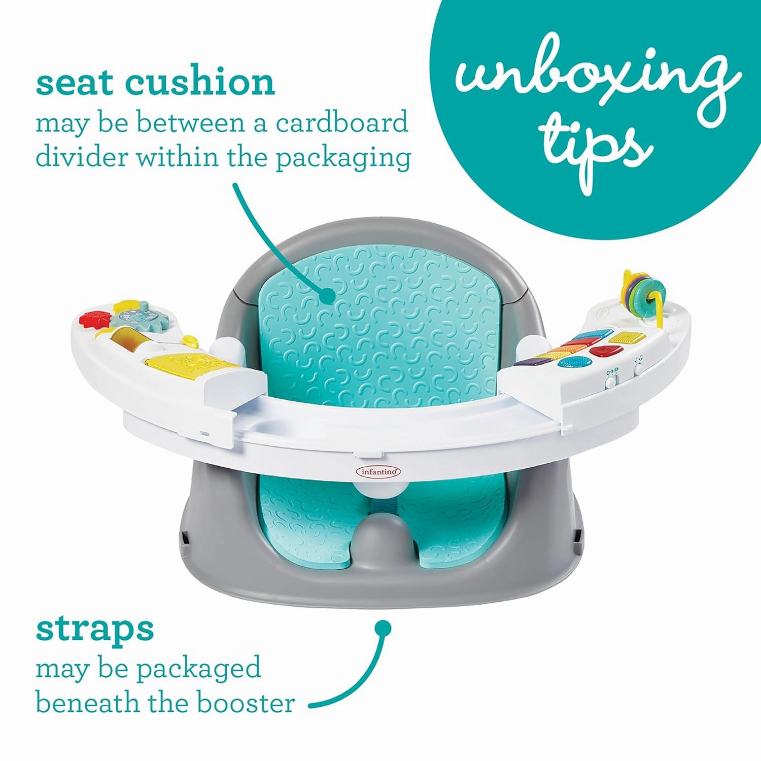 Infantino Music & Lights 3-in-1 Discovery Seat and Booster with Piano - Convertible Infant Activity, Feeding Seat and Table Booster, Lavender and Teal