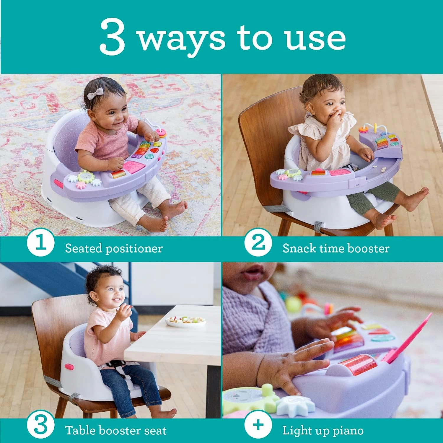 Infantino Music & Lights 3-in-1 Discovery Seat and Booster with Piano - Convertible Infant Activity, Feeding Seat and Table Booster, Lavender and Teal