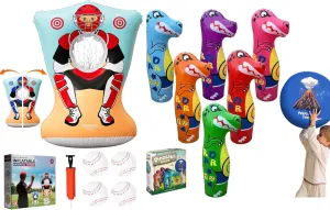 Inflatable Sports Activity Bundle for Kids – Baseball Pitching Target Game & Giant Dino Bowling Set – Indoor & Outdoor Throwing Fun – Includes Balls, Pump & More for Active Kids