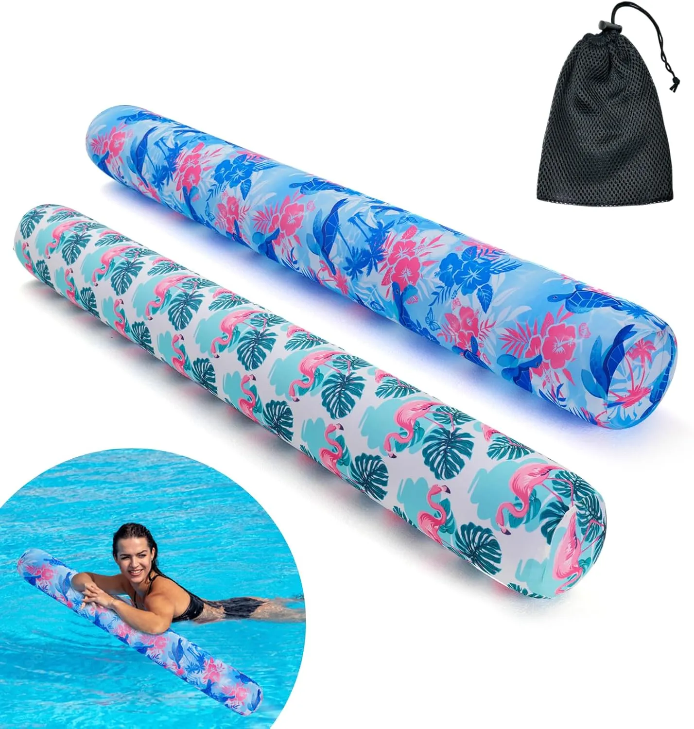 Inflatable Swimming Pool Noodle, 2 Pack Soft Fabric Quick Drying Covered Large Pool Floats Noodles, Premium Buoyancy Swim PoolFloats with Portable Storage Bag for Pool Party Toy