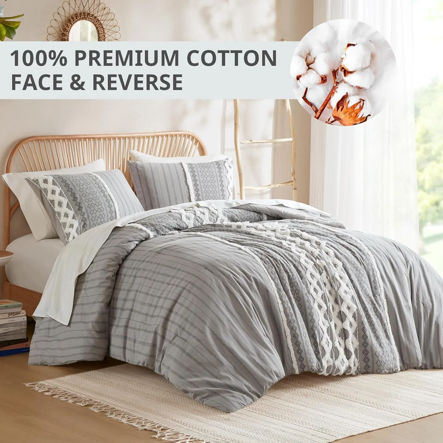 INK IVY Comforter for King Size Bed, Chenille Tufted, Breathable Cotton Comforter Set King, All Season Modern Boho Comforter with Farmhouse Bedding Flare, 2 Matching Shams, King Gray 3 Piece