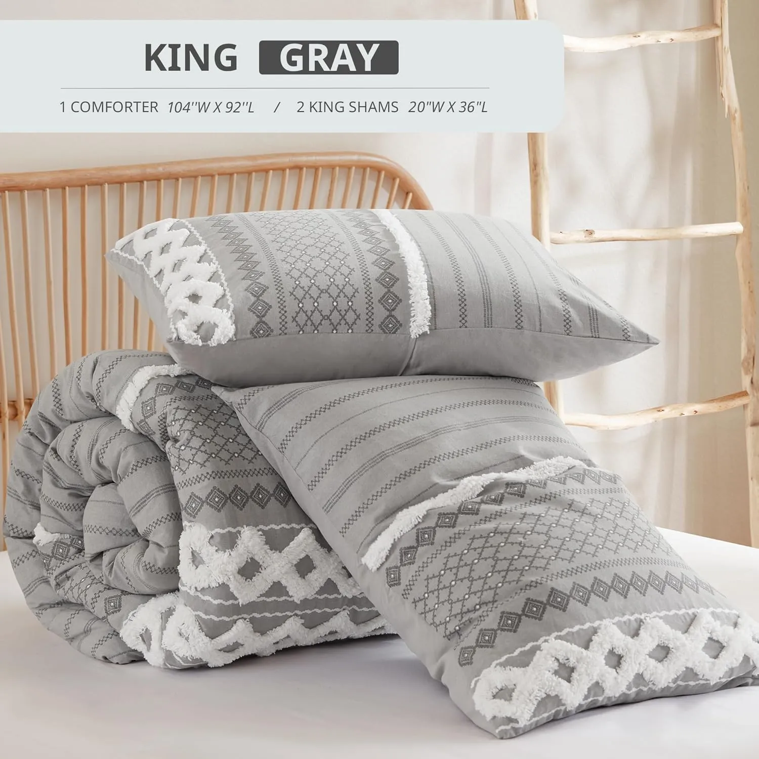 INK IVY Comforter for King Size Bed, Chenille Tufted, Breathable Cotton Comforter Set King, All Season Modern Boho Comforter with Farmhouse Bedding Flare, 2 Matching Shams, King Gray 3 Piece