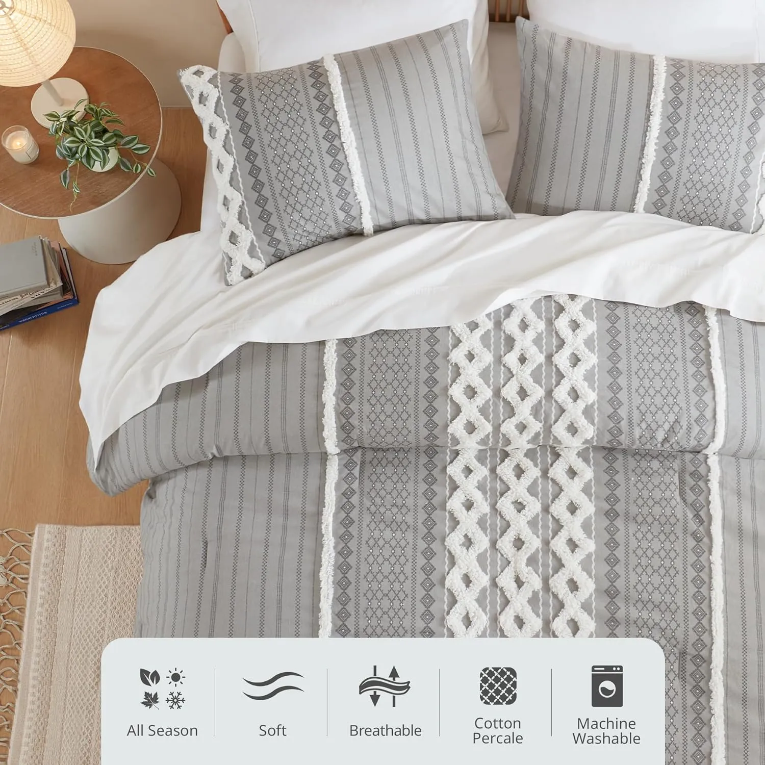 INK IVY Comforter for King Size Bed, Chenille Tufted, Breathable Cotton Comforter Set King, All Season Modern Boho Comforter with Farmhouse Bedding Flare, 2 Matching Shams, King Gray 3 Piece