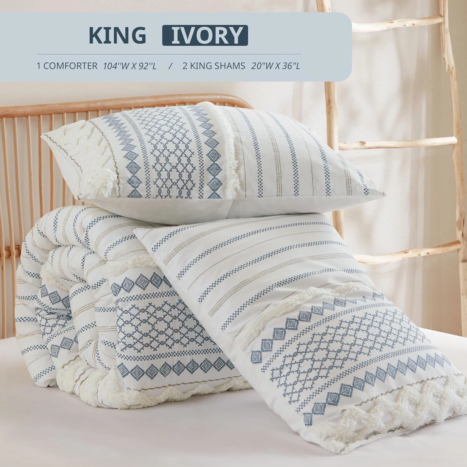 INK IVY Comforter for King Size Bed, Chenille Tufted, Breathable Cotton Comforter Set King, All Season Modern Boho Comforter with Farmhouse Bedding Flare, 2 Matching Shams, King White/Navy 3 Piece