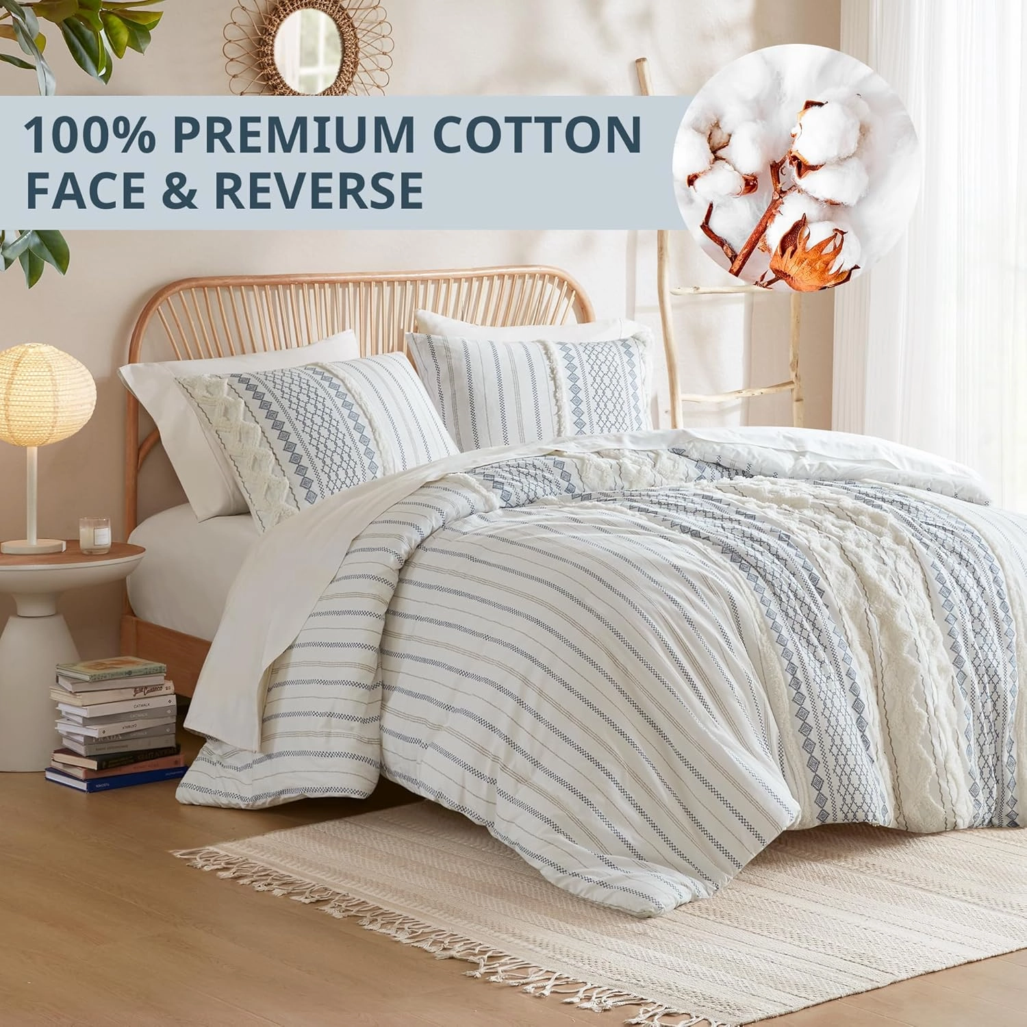 INK IVY Comforter for King Size Bed, Chenille Tufted, Breathable Cotton Comforter Set King, All Season Modern Boho Comforter with Farmhouse Bedding Flare, 2 Matching Shams, King White/Navy 3 Piece