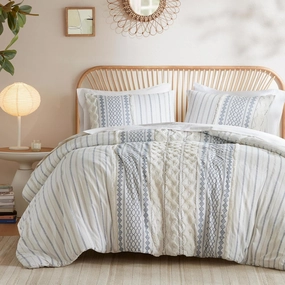 INK IVY Comforter for King Size Bed, Chenille Tufted, Breathable Cotton Comforter Set King, All Season Modern Boho Comforter with Farmhouse Bedding Flare, 2 Matching Shams, King White/Navy 3 Piece
