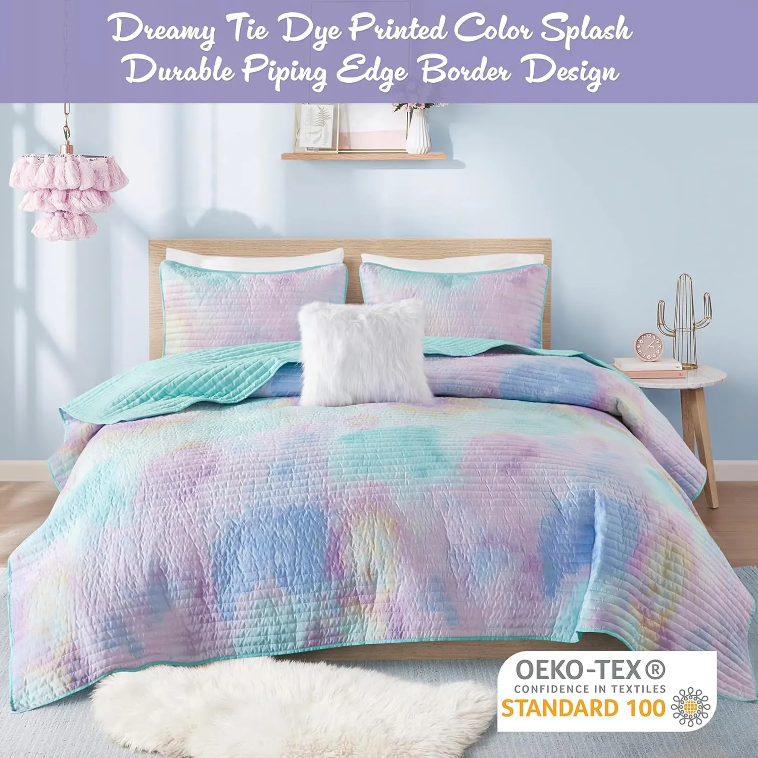 Intelligent Design Queen Quilt Set Boho Quilt Set, Watercolor Tie-Dye Coverlet Set, Casual & Trendy Quilted Lightweight Bedspread, All Season Bed Set, Shams, Cassiopeia, Full/Queen, Pink/Blue 4 Piece