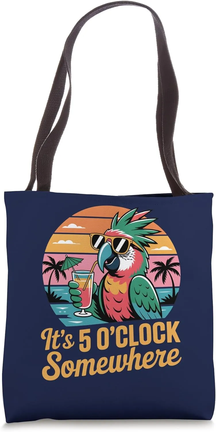 It's 5 O'clock Somewhere Retro Parrot Drinking Summer Bech Tote Bag