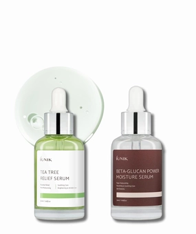 iUNIK 400,000ppm Beta Glucan Power Deep Moisture Serum & Tea Tree Relief Facial Serum Intense Hydration Mushroom Extracts Acne Treatment Soothing Moisturizing Nourishing Face Ampoule Essense Korean