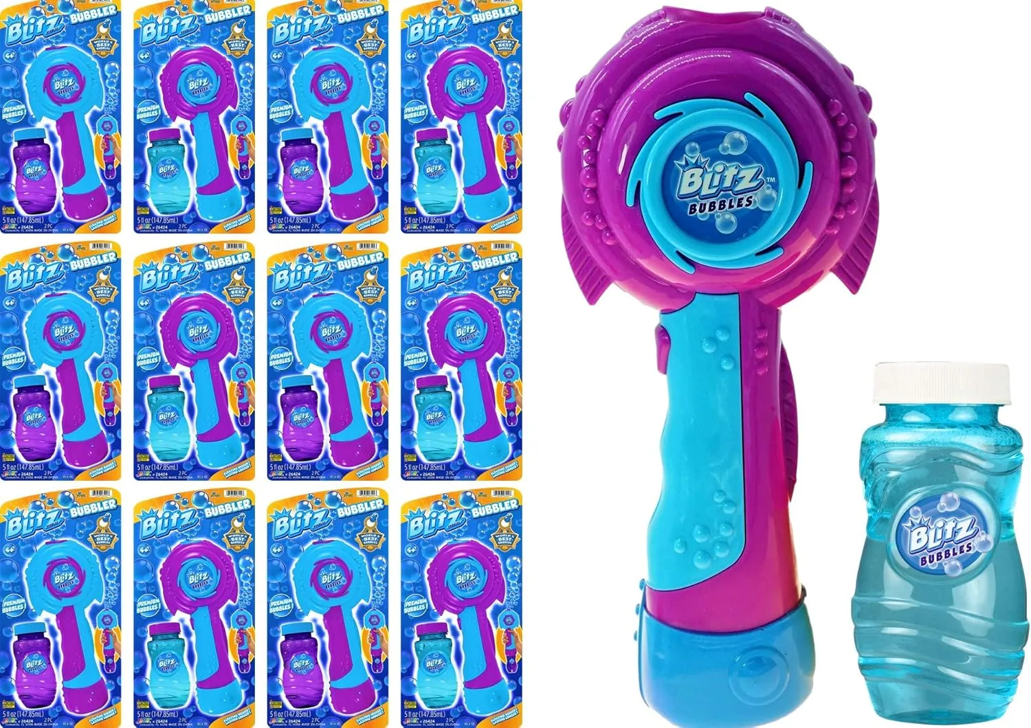 JA-RU Blitz Bubble Machine Wand Electric Portable Bubble Blower with Bubbles Solution (4 Toys Assorted) Floats High Last Long. Kids Party Favors, Outdoor Toy. Plus 1 Sticker 26424-4s