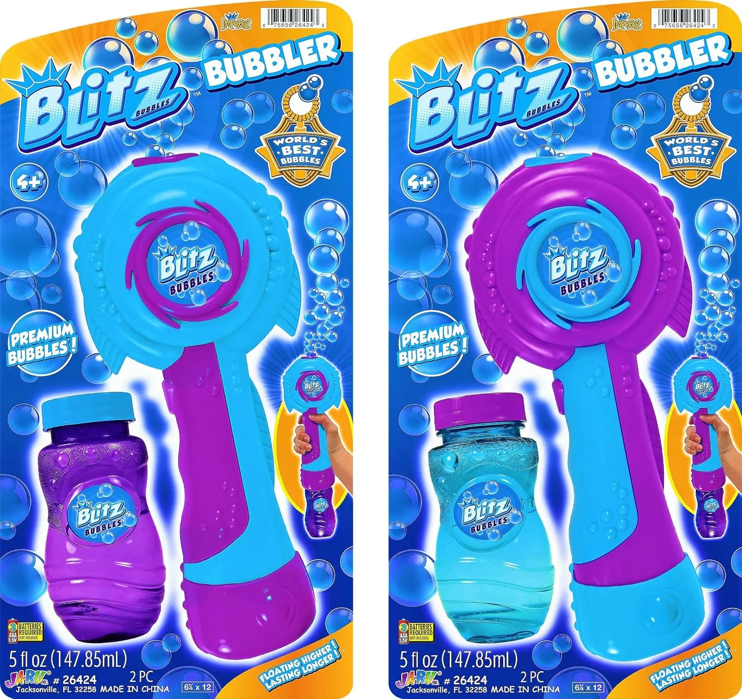 JA-RU Blitz Bubble Machine Wand Electric Portable Bubble Blower with Bubbles Solution (4 Toys Assorted) Floats High Last Long. Kids Party Favors, Outdoor Toy. Plus 1 Sticker 26424-4s