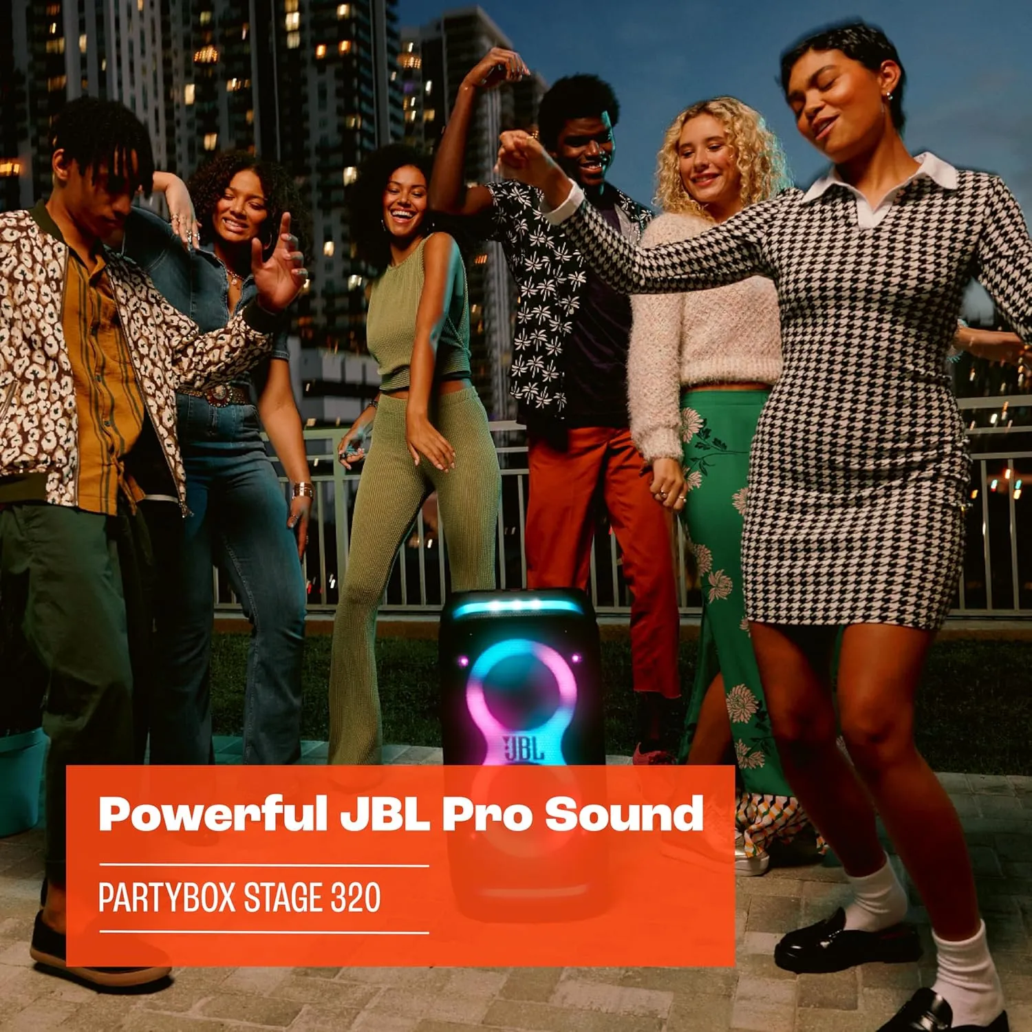 JBL PartyBox Stage 320 - Portable Party Speaker with Telescopic Handle & Wide, Sturdy Wheels, Powerful JBL Pro Sound, Futuristic lightshow, Up to 18 Hours of Play time, Splash Proof (White)