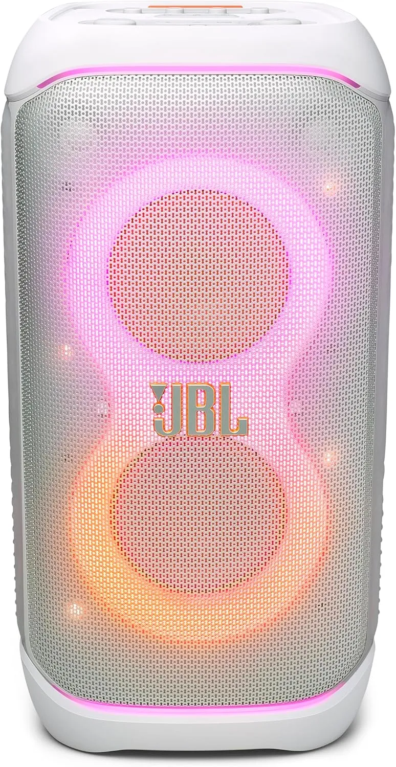 JBL PartyBox Stage 320 - Portable Party Speaker with Telescopic Handle & Wide, Sturdy Wheels, Powerful JBL Pro Sound, Futuristic lightshow, Up to 18 Hours of Play time, Splash Proof (White)