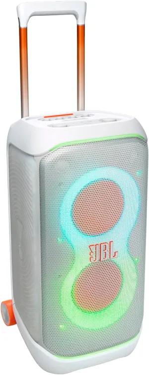 JBL PartyBox Stage 320 - Portable Party Speaker with Telescopic Handle & Wide, Sturdy Wheels, Powerful JBL Pro Sound, Futuristic lightshow, Up to 18 Hours of Play time, Splash Proof (White)