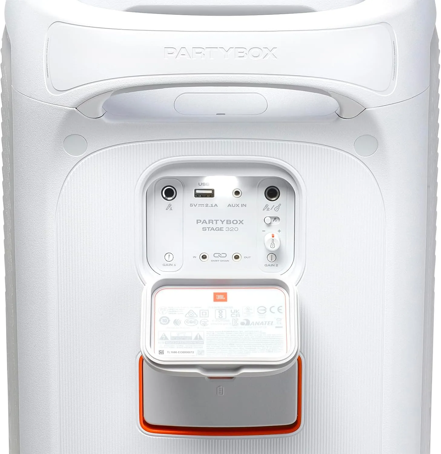 JBL PartyBox Stage 320 - Portable Party Speaker with Telescopic Handle & Wide, Sturdy Wheels, Powerful JBL Pro Sound, Futuristic lightshow, Up to 18 Hours of Play time, Splash Proof (White)