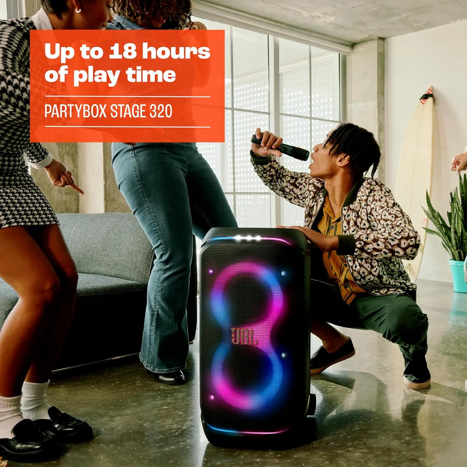 JBL PartyBox Stage 320 - Portable Party Speaker with Telescopic Handle & Wide, Sturdy Wheels, Powerful JBL Pro Sound, Futuristic lightshow, Up to 18 Hours of Play time, Splash Proof (White)