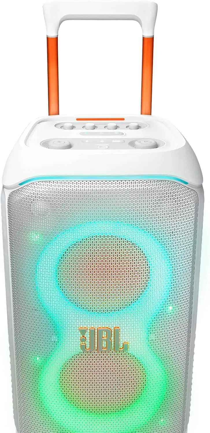 JBL PartyBox Stage 320 - Portable Party Speaker with Telescopic Handle & Wide, Sturdy Wheels, Powerful JBL Pro Sound, Futuristic lightshow, Up to 18 Hours of Play time, Splash Proof (White)