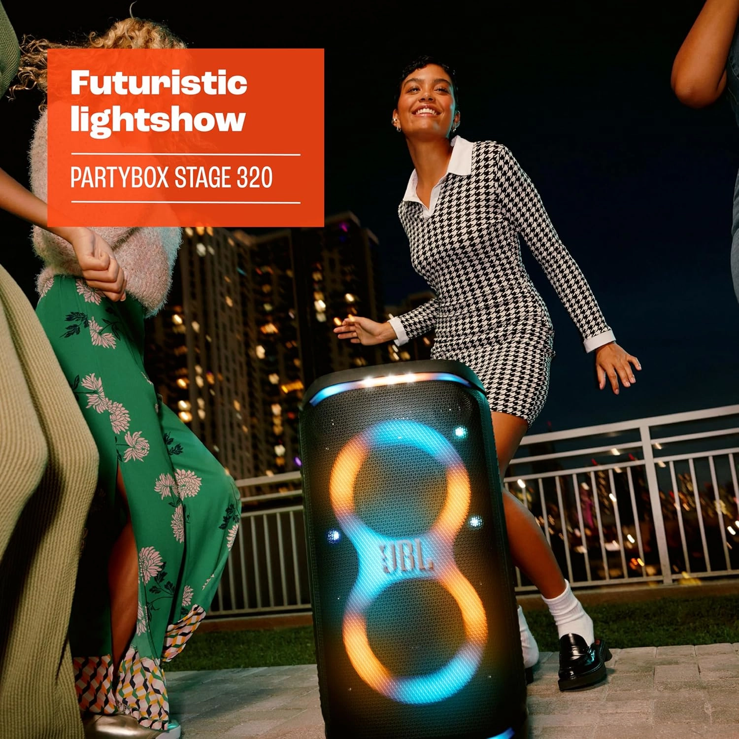 JBL PartyBox Stage 320 - Portable Party Speaker with Telescopic Handle & Wide, Sturdy Wheels, Powerful JBL Pro Sound, Futuristic lightshow, Up to 18 Hours of Play time, Splash Proof (Black)