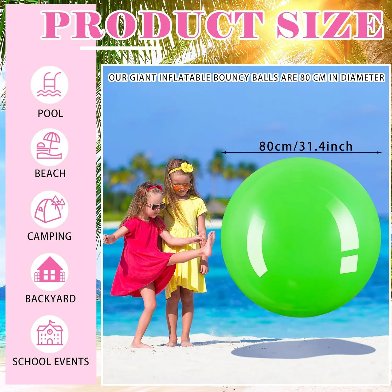Jenaai 2 Pcs 30 Inch Large Bouncy Balls Giant Inflatable Rubber Kickballs Outdoor Exercise Jumping Hopping Big Ball for Outdoor Activity Game Sports Party Decor(Pink, Green)
