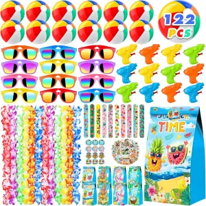 Joycover 122 PCS Summer Pool Beach Party Favors, Beach Pool Luau Party Decorations, Pool Toys for Kids,Luau Party Supplies with Beach Balls,Hawaiian Leis,Kids Sunglasses,etc.for Birthday Party Favors