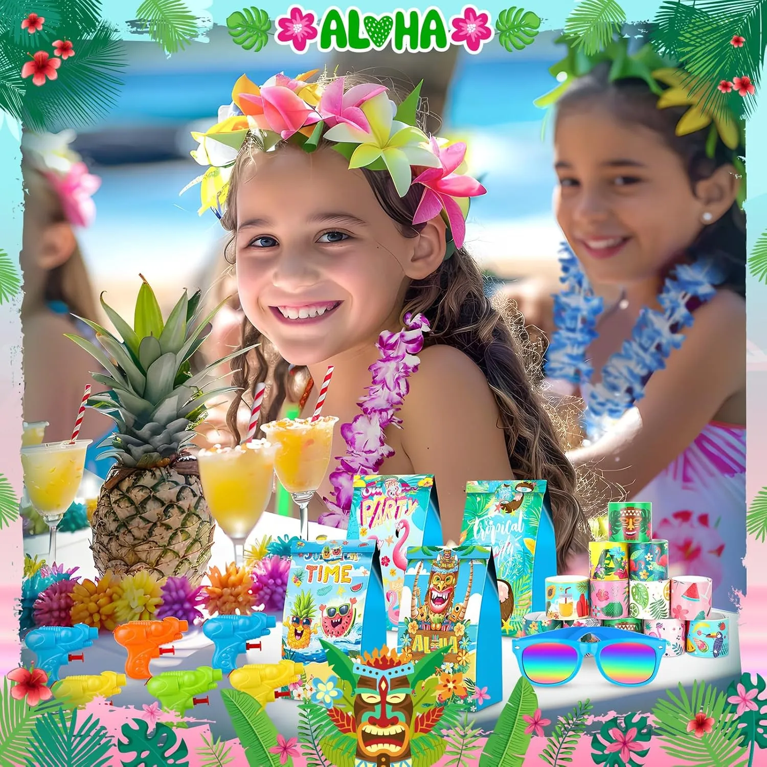 Joycover 122 PCS Summer Pool Beach Party Favors, Beach Pool Luau Party Decorations, Pool Toys for Kids,Luau Party Supplies with Beach Balls,Hawaiian Leis,Kids Sunglasses,etc.for Birthday Party Favors