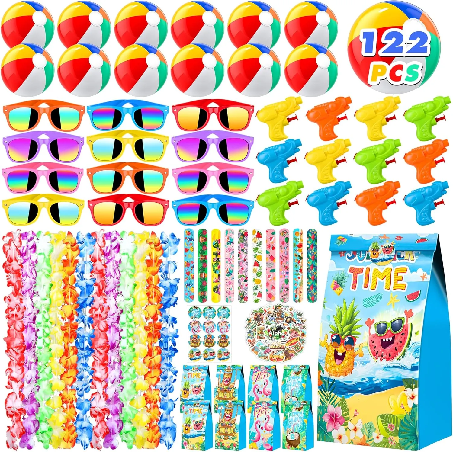 Joycover 122 PCS Summer Pool Beach Party Favors, Beach Pool Luau Party Decorations, Pool Toys for Kids,Luau Party Supplies with Beach Balls,Hawaiian Leis,Kids Sunglasses,etc.for Birthday Party Favors