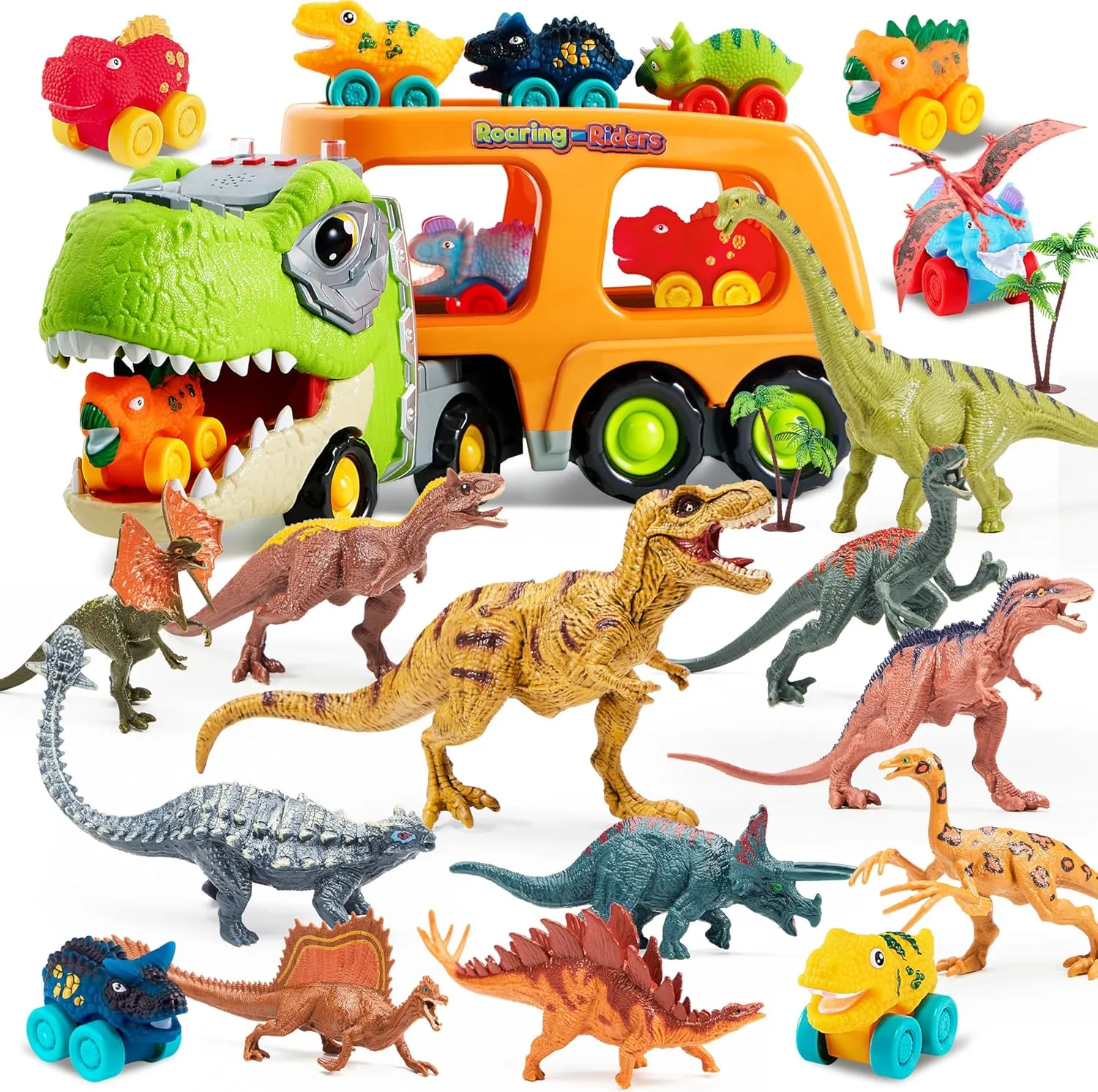 JOYIN Dinosaur Toys with 6 Car Vehicles & Activity Play Mat, Realistic Dinosaur Figures & Trees for Toddlers