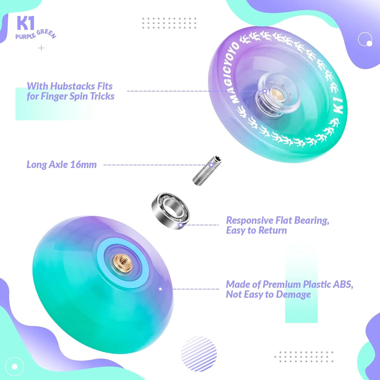 K1 Responsive Yoyo Pro, Trick Yo-Yo for Kids Beginners, Durable Plastic Yoyo with 12 Yo yo Strings  2 Hubstacks   Yoyo Case Bag   Yo-yo Glove (Green Purple)
