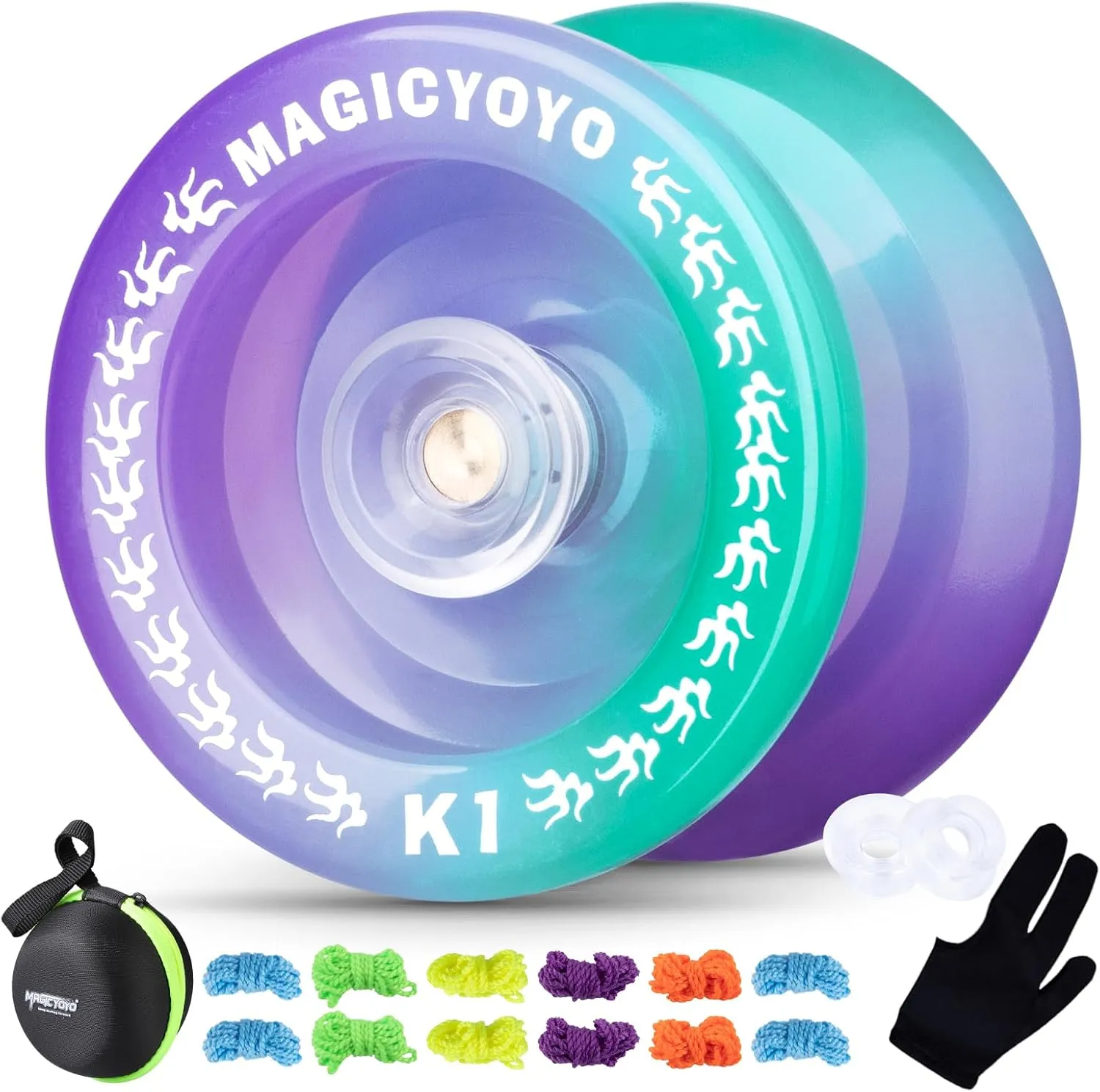 K1 Responsive Yoyo Pro, Trick Yo-Yo for Kids Beginners, Durable Plastic Yoyo with 12 Yo yo Strings  2 Hubstacks   Yoyo Case Bag   Yo-yo Glove (Green Purple)