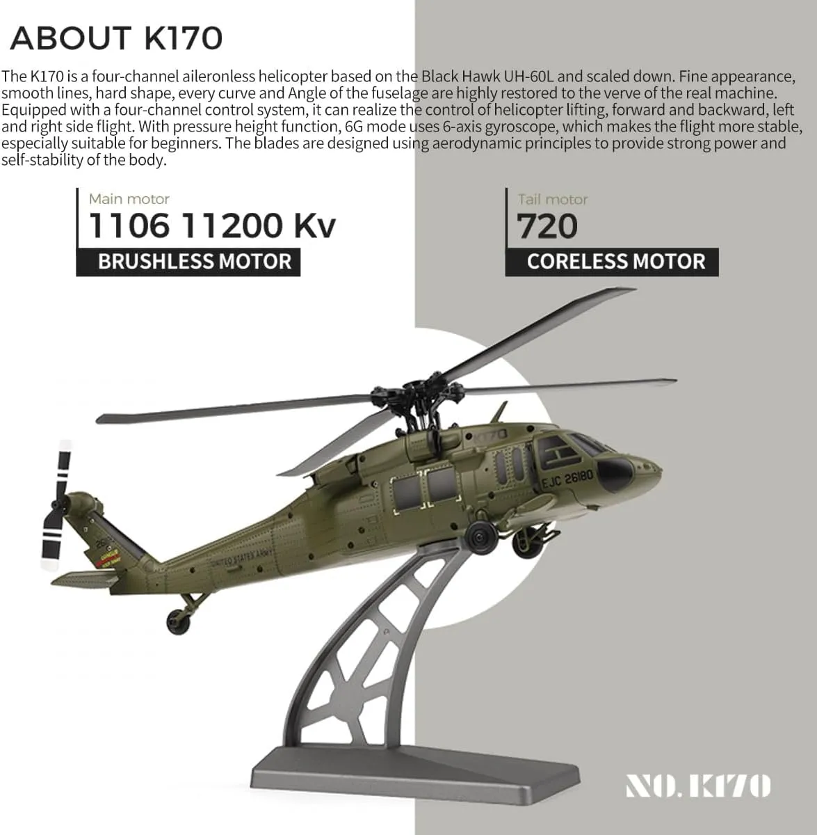 K170 UH60L Remote Controlled Helicopter for Adults, RC Military Helicopters for Beginners, Aircraft Plane 2.4Ghz 4CH RC Helicopter Heli Aileronless 6-Axis Gyroscope Altitude Hovering (2 Batteries)