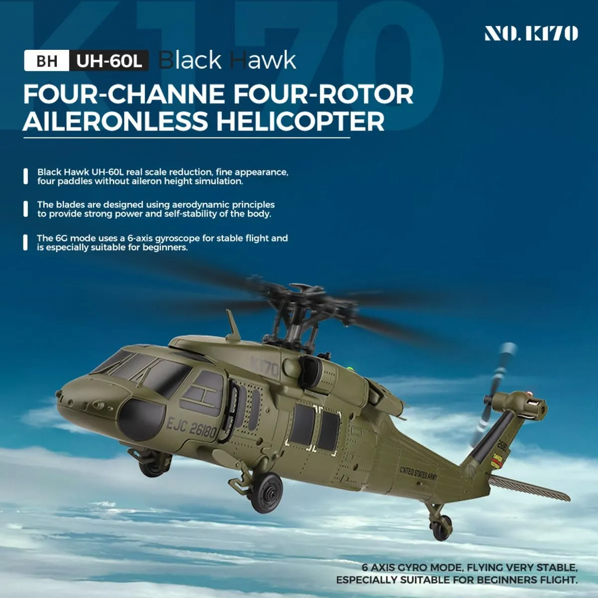 K170 UH60L Remote Controlled Helicopter for Adults, RC Military Helicopters for Beginners, Aircraft Plane 2.4Ghz 4CH RC Helicopter Heli Aileronless 6-Axis Gyroscope Altitude Hovering (2 Batteries)