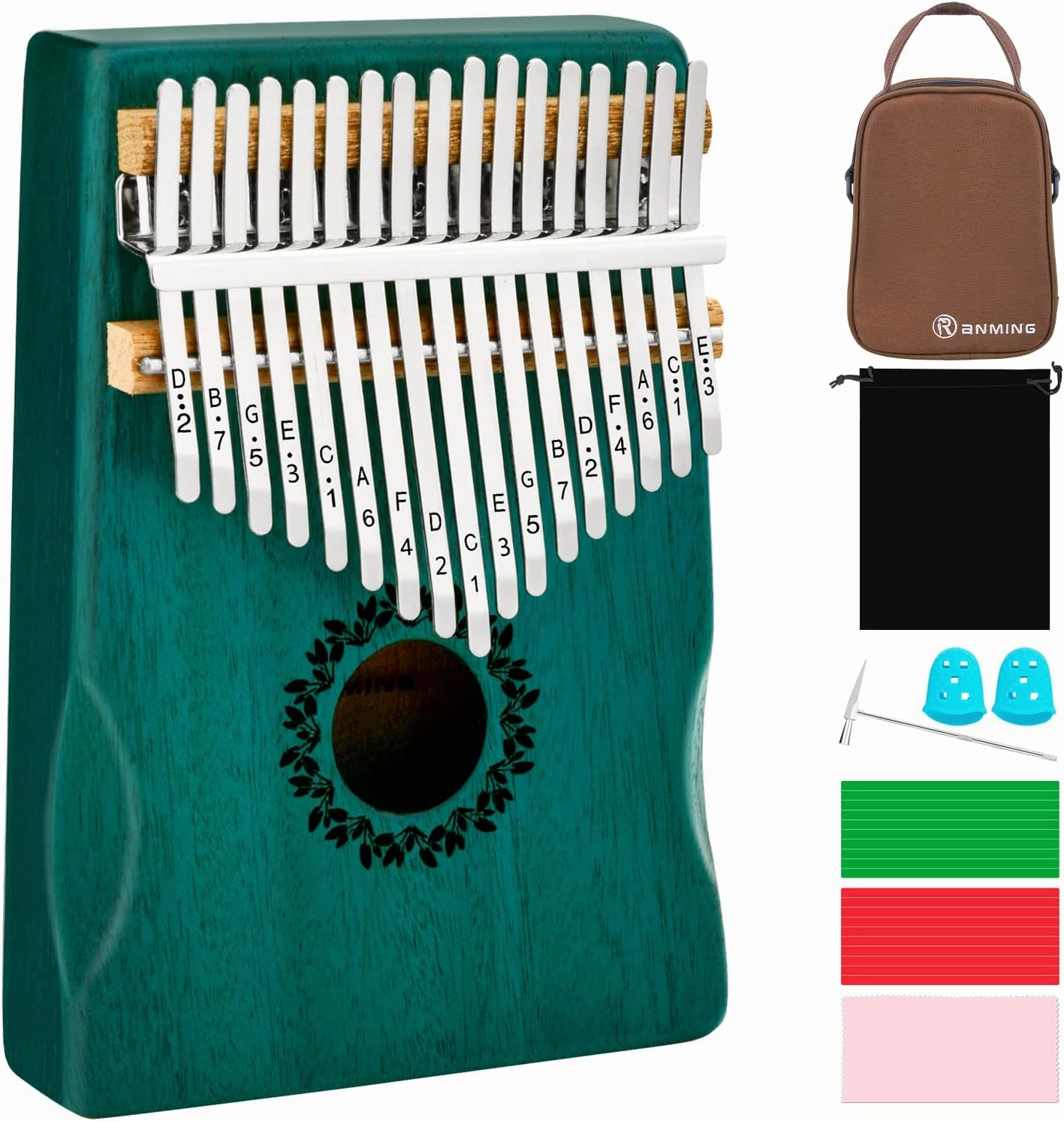 Kalimba Thumb Piano 17 Keys RANMING Mbira Finger Piano Kalimba Gifts for Adults Kids Beginners With Portable Handbag and Tune Hammer Thumb Pianos Finger Harp (Mahogany-Hand Rest-Green)