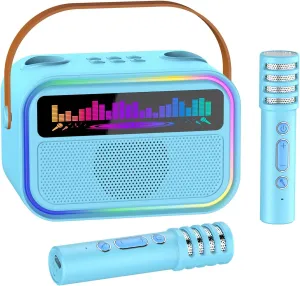 Karaoke Machine for Kids Adults, Birthday Gifts Toys for Girls Boys Age 3-12 ,Mini Portable Bluetooth Singing Speaker with 2 Wireless Microphones & LED Lights (Blue)