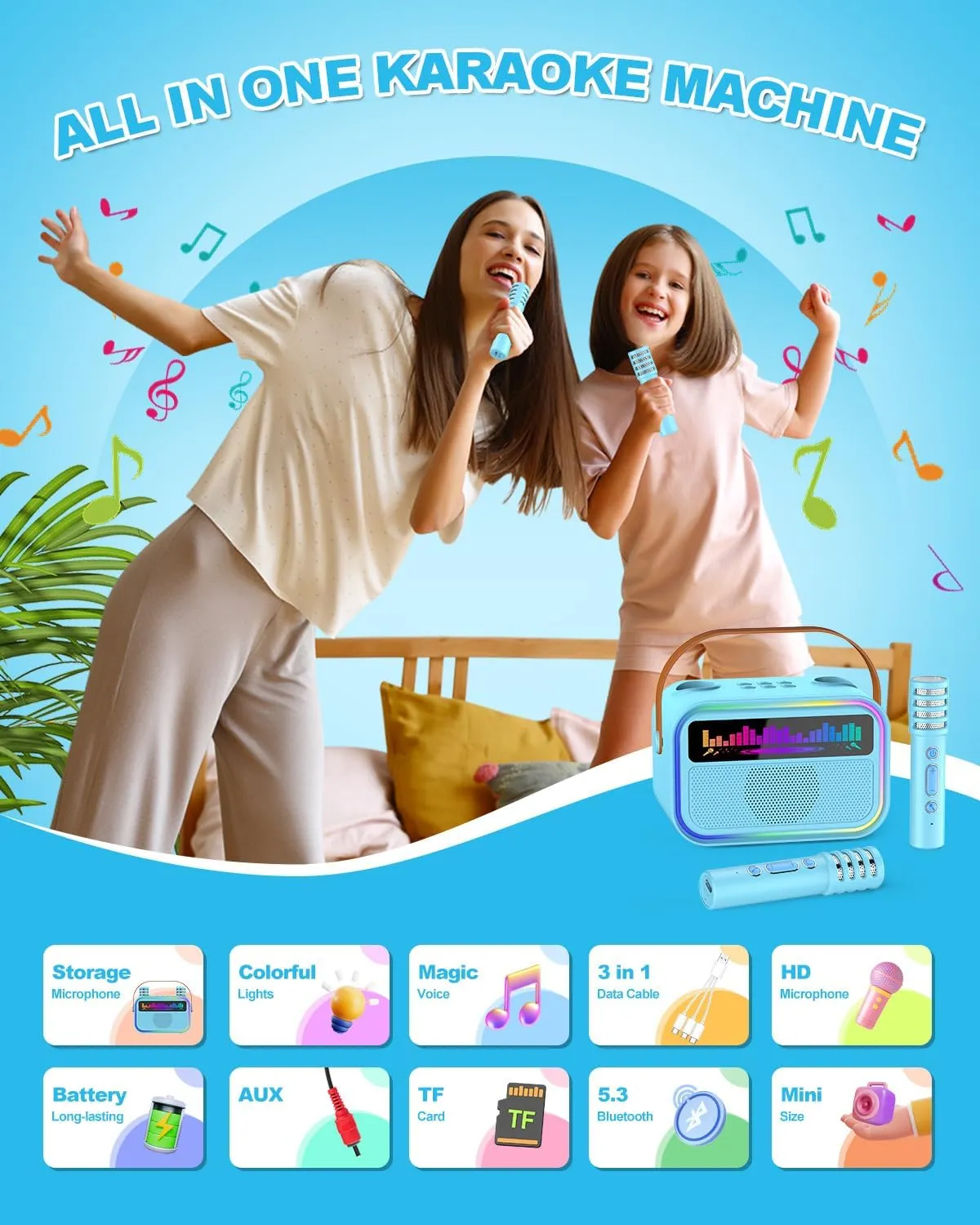 Karaoke Machine for Kids Adults, Birthday Gifts Toys for Girls Boys Age 3-12 ,Mini Portable Bluetooth Singing Speaker with 2 Wireless Microphones & LED Lights (Blue)