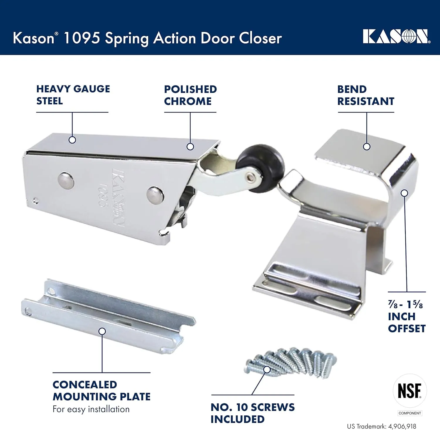 Kason 1095 Spring Action Door Closer with Adjustable Wide Hook 7/8 to 1 5/8 Inch Offset, 11095000013_11094000027