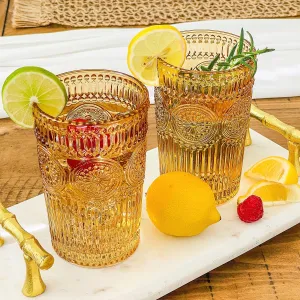 Kate Aspen Vintage Textured Amber Striped Drinking Glasses Set of 6-13 oz Ribbed Glassware with Flower Design | Cocktail Set, Juice Glass, Iced Coffee Cup