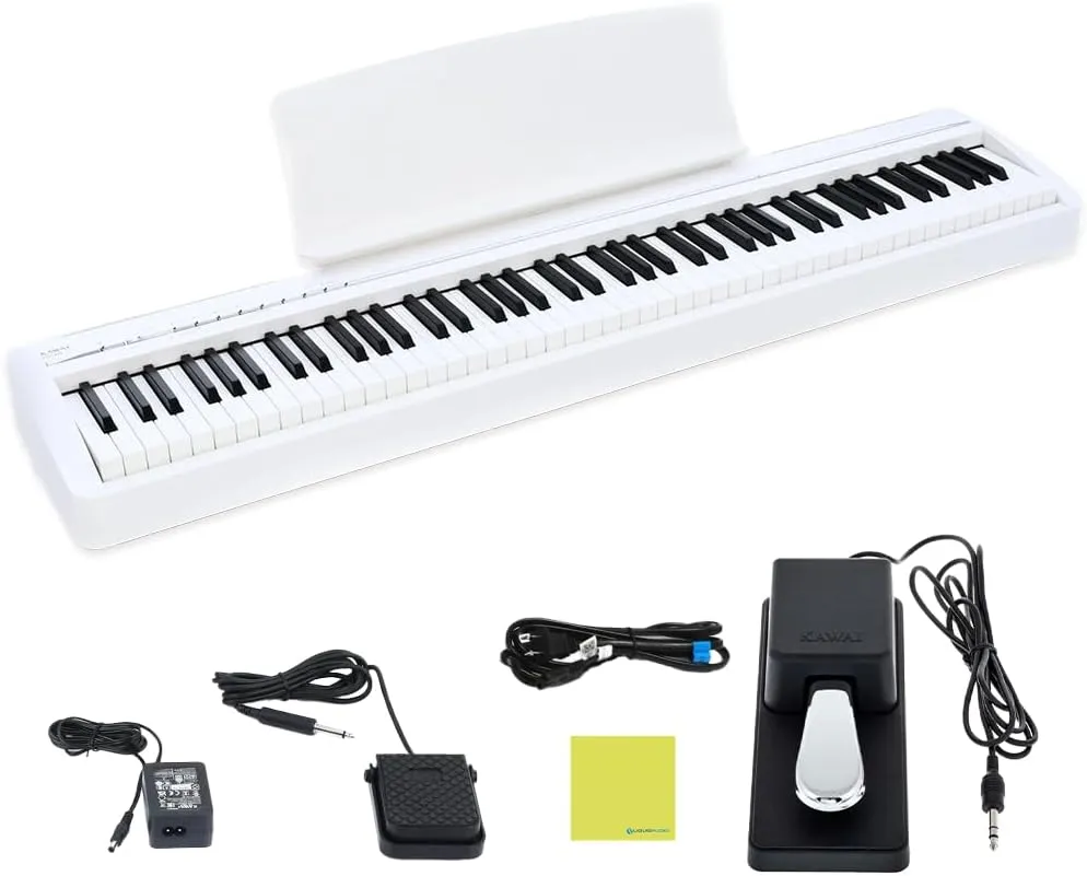 Kawai ES120 88-Key Portable Digital Piano, Elegant White Bundle with Kawai F-10H Damper Pedal and Liquid Audio Polishing Cloth