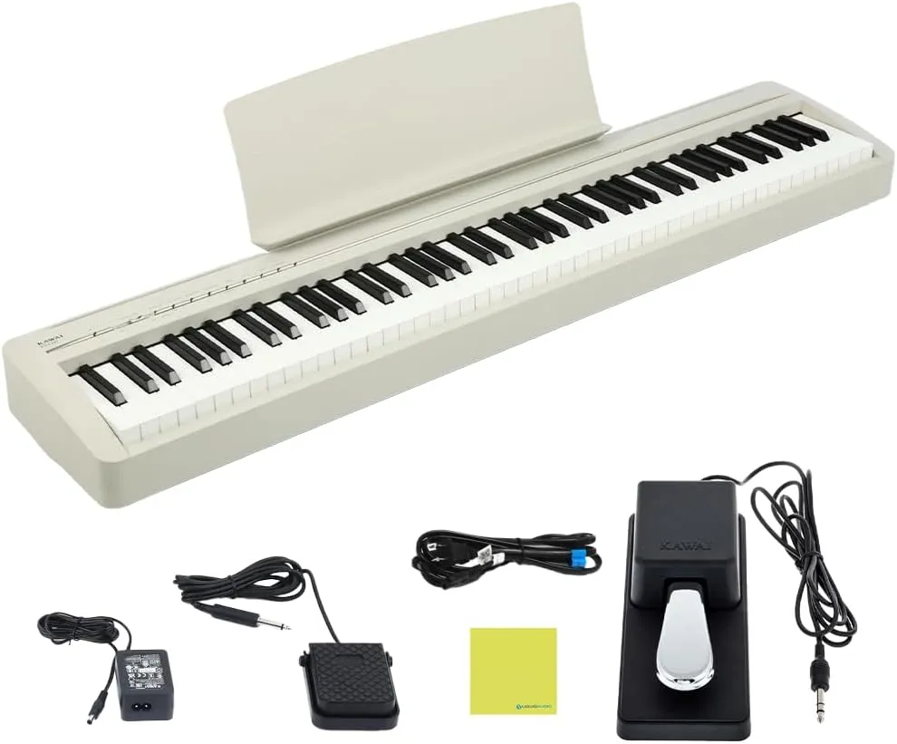 Kawai ES120 88-Key Portable Digital Piano, Light Gray Bundle with Kawai F-10H Damper Pedal and Liquid Audio Polishing Cloth
