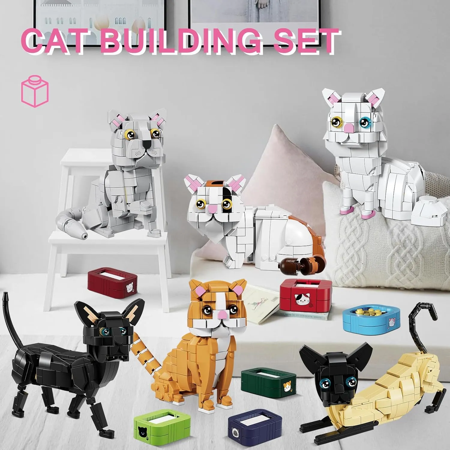 KAZI White Cat Building Toy Set,Cat Gifts Idea for Cat Lovers,Cats Toy for Boys & Girls Age 8-12,Creative Activity,Party Favors,Birthday Gifts