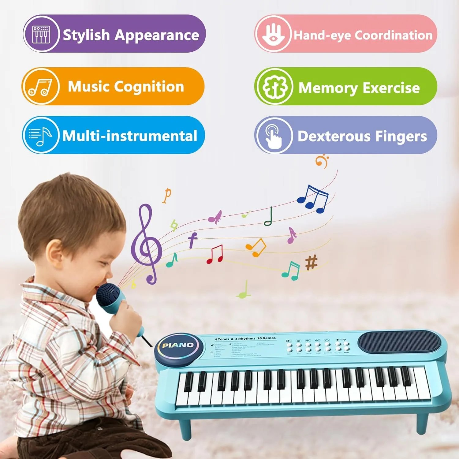 Keyboard Piano for Kid, 37 Keys Baby Piano Music Keyboard with Microphone & Music Stand, Portable Instruments for Toddler 1-3, Beginners Electric Educational Birthday Gift for Boy Girl Age 2 3 4